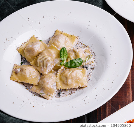 cooked ravioli close up on wood cooked ravioli close up on wood 104905860