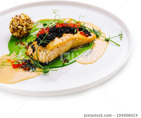 fried salmon with red and black caviar fried salmon with red and black caviar 104906024