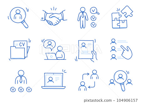 Doodle line icon set work, business job search. Doodle sketch hand drawn style employee search, business work career, company people team icon. Job interview, team person concept. Vector Doodle line icon set work, business job search. Doodle sketch hand drawn style employee search, business work career, company people team icon. Job interview, team person concept. Vector 104906157