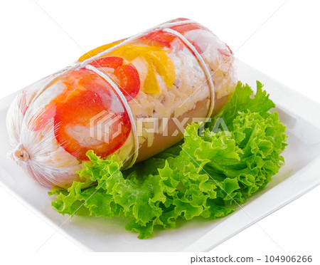 Meat jelly or brawn on white plate 104906266