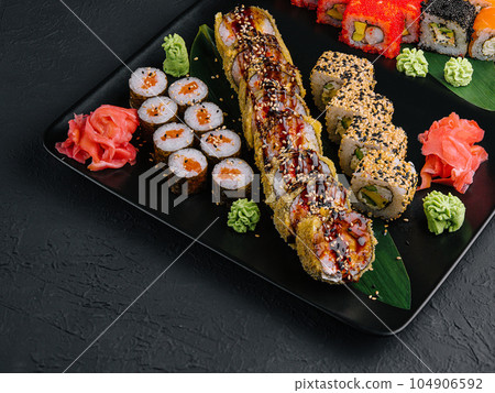 set of colorful different kinds of sushi rolls 104906592