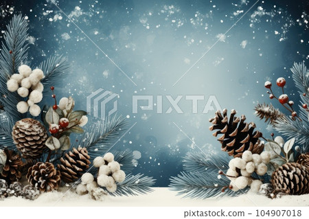 Christmas decoration with pine cones. Christmas background with space for text. Generative AI 104907018