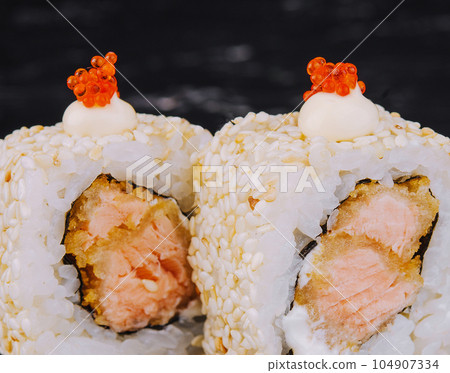 Tempura Maki Sushi with fried salmon inside 104907334