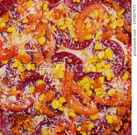 Pizza pepperoni with tomatoes and corn Pizza pepperoni with tomatoes and corn 104907475