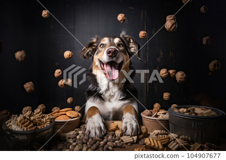 Happy dog sitting at a table surrounded by mountains of scattered healthy dog food and snacks. Concept of dog food advertising. Generative AI. 104907677