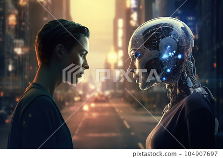 Relationship between human and robot at the futuristic town in future. Collaboration between humanity and technical progress. Ideal partner, companion, fake relationship concept. Generative AI.  104907697