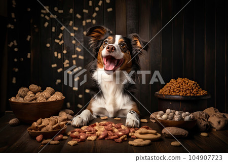 Happy dog sitting at a table surrounded by mountains of scattered healthy dog food and snacks. Concept of dog food advertising. Generative AI. 104907723