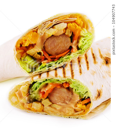 spicy sausages in pita bread isolated on white spicy sausages in pita bread isolated on white 104907743