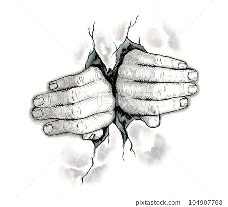 Two hands breaking through a wall Two hands breaking through a wall 104907768