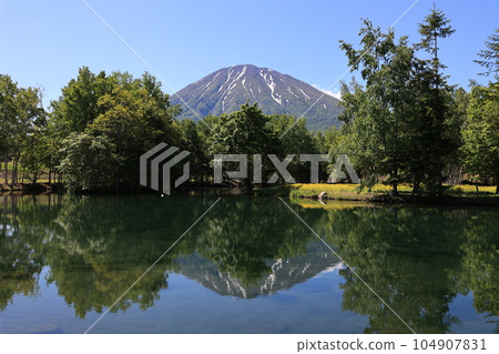 俱知安町鏡山羊蹄山倒映在池塘里 104907831
