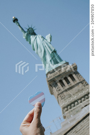 badge with the transgender flag and Lady Liberty 104907850