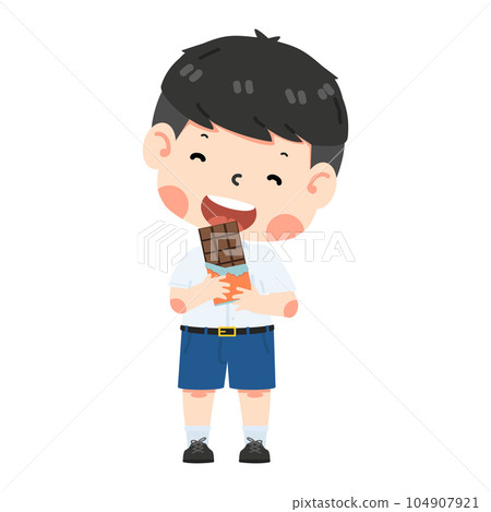 Happy boy student eating chocolate sweet Happy boy student eating chocolate sweet 104907921