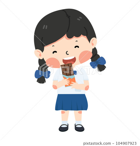 Happy girl student eating chocolate sweet 104907923