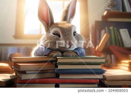 Cute bunny print on a mountain of books. Cute bunny print on a mountain of books. 104908003