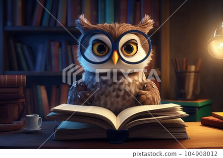 An owl with glasses is sitting in the library with a book An owl with glasses is sitting in the library with a book 104908012