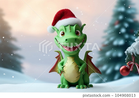 Green wooden dragon near the Christmas tree Green wooden dragon near the Christmas tree 104908013