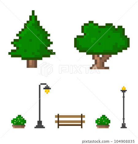 Pixel art park element, trees, bench, bush, street light for design scene for 8 bit game Pixel art park element, trees, bench, bush, street light for design scene for 8 bit game 104908835