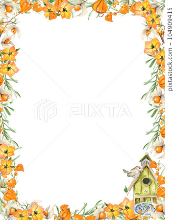 Watercolor autumn square frame with sea buckthorn. Illustration of autumn for scrapbooking, invitation, posters, greetings cards, party decoration,wedding stationary, fashion, background. 104909415