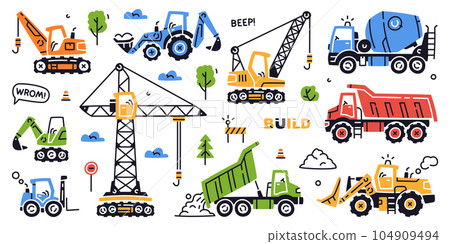 Construction Equipment and Heavy Machines for Industrial Work Vector Set 104909494