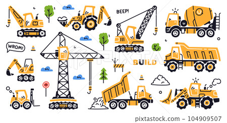 Construction Equipment and Heavy Machines for Industrial Work Vector Set 104909507