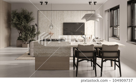 Beige living room interior with empty tv wall, ceiling lamp and kitchen island. Mockup canvas poster. Panoramic window on tropics view. 3d rendering. High quality 3d illustration Beige living room interior with empty tv wall, ceiling lamp and kitchen island. Mockup canvas poster. Panoramic window on tropics view. 3d rendering. High quality 3d illustration 104909737