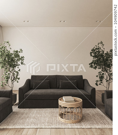 Modern vintage apartment interior livingroom with wooden table, dark sofa and black armchairs. Panoramic nature view. Mockup empty picture frame on wall. 3d rendering. High quality 3d illustration 104909742