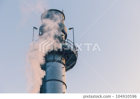 Power station clean modern factory Petroleum petrochemical industry building outdoors landscape with large chimney releasing smoke. 104910596