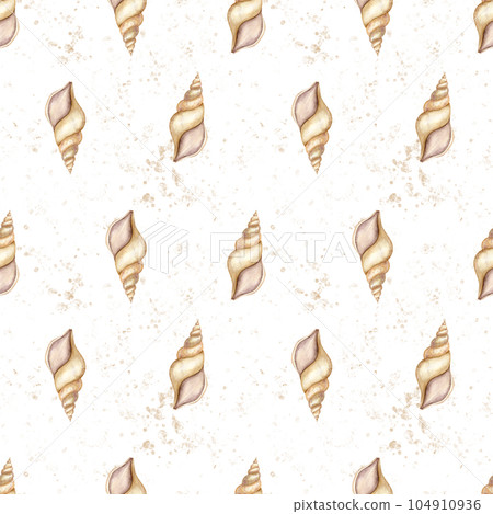 Seashells seamless Pattern on isolated white background. Hand drawn watercolor illustration of sea shells. Ornament with underwater spiral cockleshells. Backdrop for textile design wrapping paper. Seashells seamless Pattern on isolated white background. Hand drawn watercolor illustration of sea shells. Ornament with underwater spiral cockleshells. Backdrop for textile design wrapping paper. 104910936