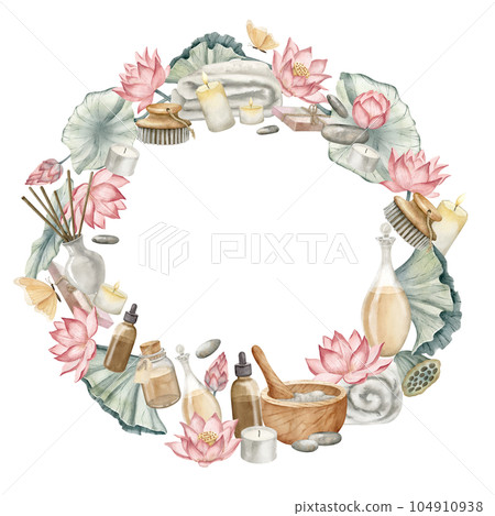 Spa Wreath with Lotus Flowers, mortar and vintage flacons. Hand drawn watercolor illustration of Frame with natural cosmetics on white isolated background. Drawing with body care products for icon. Spa Wreath with Lotus Flowers, mortar and vintage flacons. Hand drawn watercolor illustration of Frame with natural cosmetics on white isolated background. Drawing with body care products for icon. 104910938