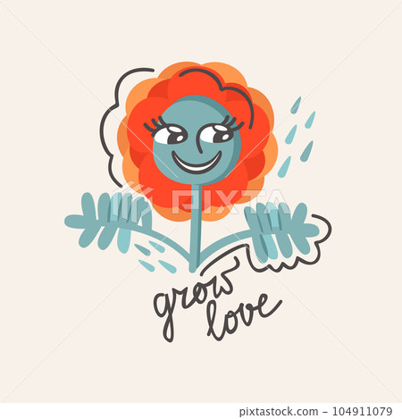 Grow love. Vector isolated illustration of smiling daisy with lettering Grow love. Vector isolated illustration of smiling daisy with lettering 104911079