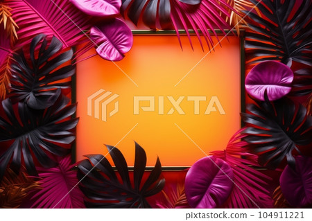 Fluorescent colorful exotic leafs with space for text. Creative flat lay. generative AI Fluorescent colorful exotic leafs with space for text. Creative flat lay. generative AI 104911221
