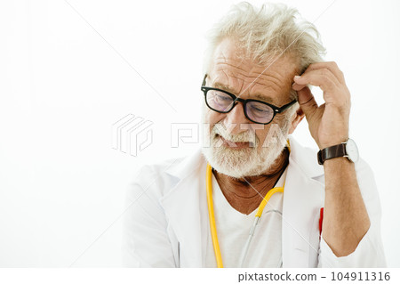 Senior elderly doctor scientist stressful unsolved problem thinking gesture closeup on white background. 104911316