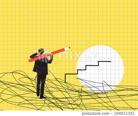 Contemporary art collage. Businessman, employee thinking and personal and professional success. Drawing stairs to growth 104911381