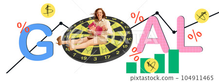 Contemporary art collage. Young smiling woman, employee sitting on darts symbolizing professional goals. Moving to success 104911465