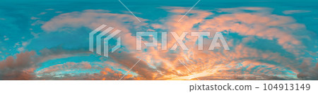 Sunset sky panorama with bright glowing pink Cirrus clouds. HDR 360 seamless spherical panorama. Full zenith or sky dome in 3D, sky replacement for aerial drone panoramas. Climate and weather change. Sunset sky panorama with bright glowing pink Cirrus clouds. HDR 360 seamless spherical panorama. Full zenith or sky dome in 3D, sky replacement for aerial drone panoramas. Climate and weather change. 104913149