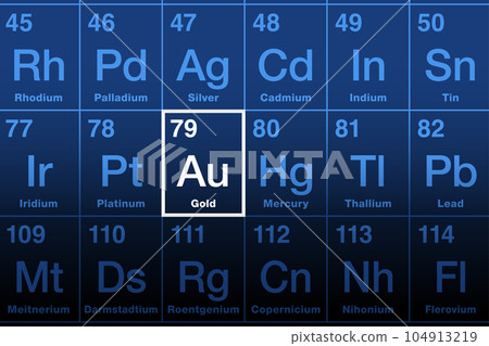 Gold on the periodic table of the elements. Precious metal with chemical symbol Au (Latin aurum), with atomic number 79. Used for coinage, jewelry, and safe investment, or safe haven in crisis times. 104913219