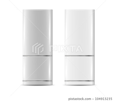 Modern fridges. Realistic silver coolers, refrigerators of different size for home or restaurant kitchen and cold products storage. Vector 104913235