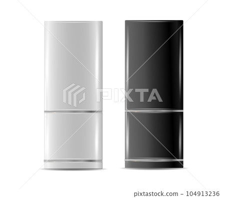 Modern fridges. Realistic silver coolers, refrigerators of different size for home or restaurant kitchen and cold products storage. Vector 104913236