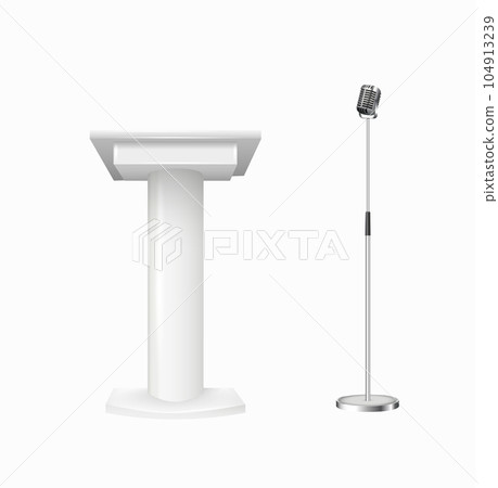 White Podium Tribune Rostrum Stands with Microphones. Podium tribune with microphones isolated for business presentation, conference. Vector White Podium Tribune Rostrum Stands with Microphones. Podium tribune with microphones isolated for business presentation, conference. Vector 104913239