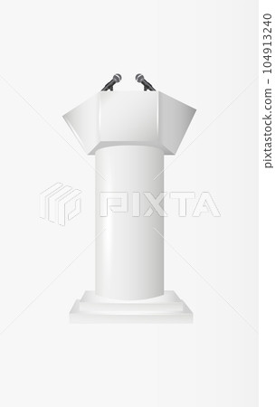 White Podium Tribune Rostrum Stands with Microphones. Podium tribune with microphones isolated for business presentation, conference. Vector White Podium Tribune Rostrum Stands with Microphones. Podium tribune with microphones isolated for business presentation, conference. Vector 104913240