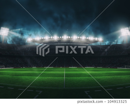 Soccer stadium with the stands full of fans waiting for the game, with no players. 3D Rendering Soccer stadium with the stands full of fans waiting for the game, with no players. 3D Rendering 104913325