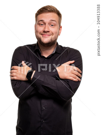 Guy on a white background freezes hugging myself Guy on a white background freezes hugging myself 104913388