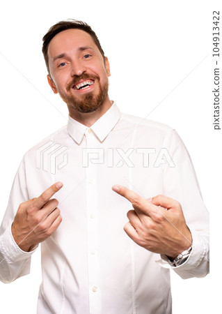 Stylish bearded business man smiling to camera, having pleased expression and cheerful look. Stylish bearded business man smiling to camera, having pleased expression and cheerful look. 104913422