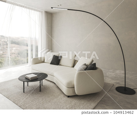 Conceptual interior living room with stucco wall. Creative composition sofa with lamp in pastel color. Mockup empty background. 3d rendering. High quality 3d illustration Conceptual interior living room with stucco wall. Creative composition sofa with lamp in pastel color. Mockup empty background. 3d rendering. High quality 3d illustration 104913462