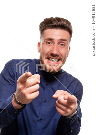 I choose you and order. The smiling business man point you, want you, half length closeup portrait on white studio background. 104913681