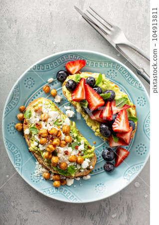 Healthy avocado toast duo Healthy avocado toast duo 104913811