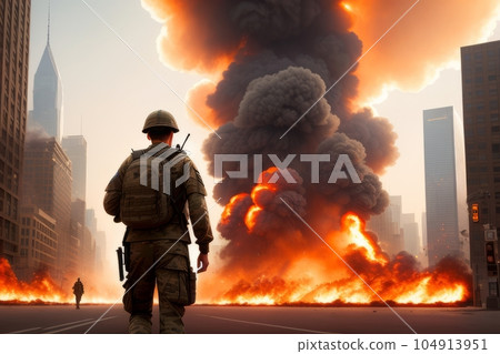 View from behind. A soldier in camouflage uniform with a rifle against the background of a burning house, back view. The concept of war or the game of airsoft. Generative AI 104913951