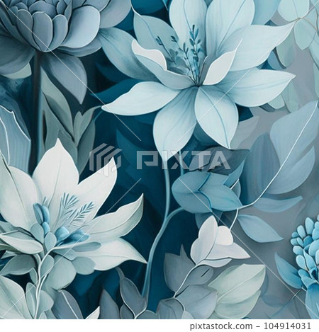 Teal, blue grey and white watercolor flowers with stems and leaves. Watercolor art background. 104914031