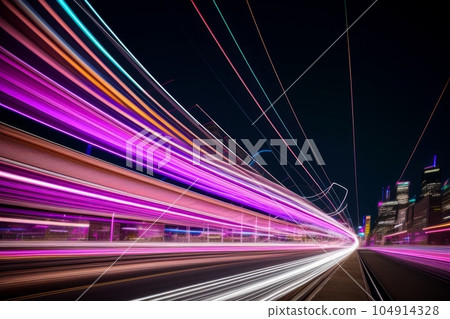 High speed effect motion blur night lights white, blue red. Futuristic neon light line trails. bright sparkling background. Purple glowing wave swirl, impulse lines. Long time exposure. Generative AI High speed effect motion blur night lights white, blue red. Futuristic neon light line trails. bright sparkling background. Purple glowing wave swirl, impulse lines. Long time exposure. Generative AI 104914328