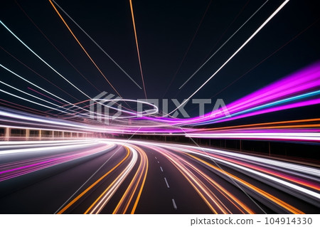 Light motion trails. Speed light streaks with blurred fast moving light effect, red white colors on black. Racing cars dynamic flash effects city road with long exposure night light. Generative AI Light motion trails. Speed light streaks with blurred fast moving light effect, red white colors on black. Racing cars dynamic flash effects city road with long exposure night light. Generative AI 104914330